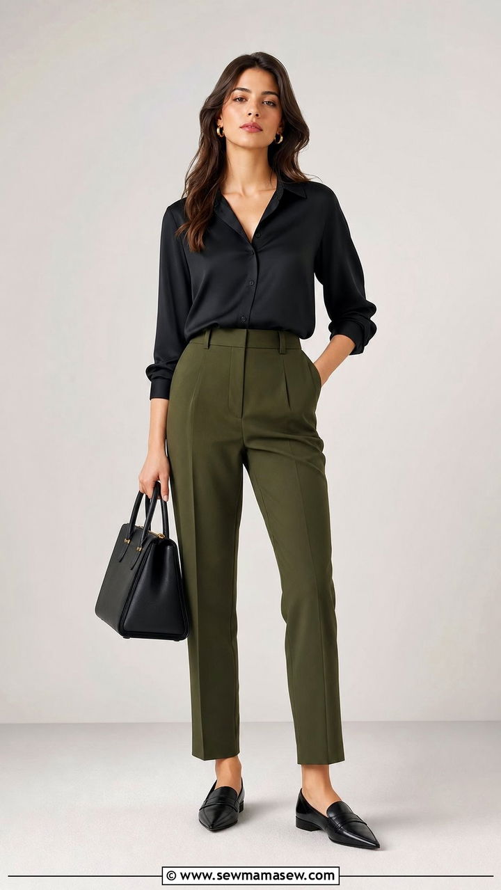 Black Silk Blouse With Olive Green Tailored Pants Work Look - 25 Clean girl work outfit ideas