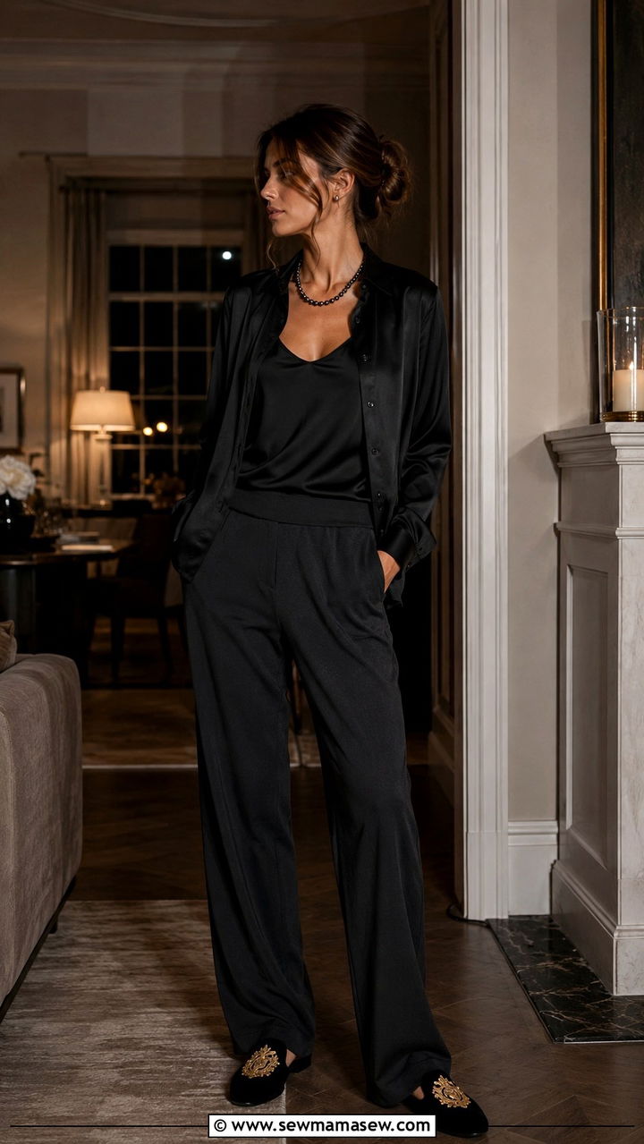 Black Silk Button Up And Charcoal Lounge Trousers - 20 Old money loungewear outfit ideas