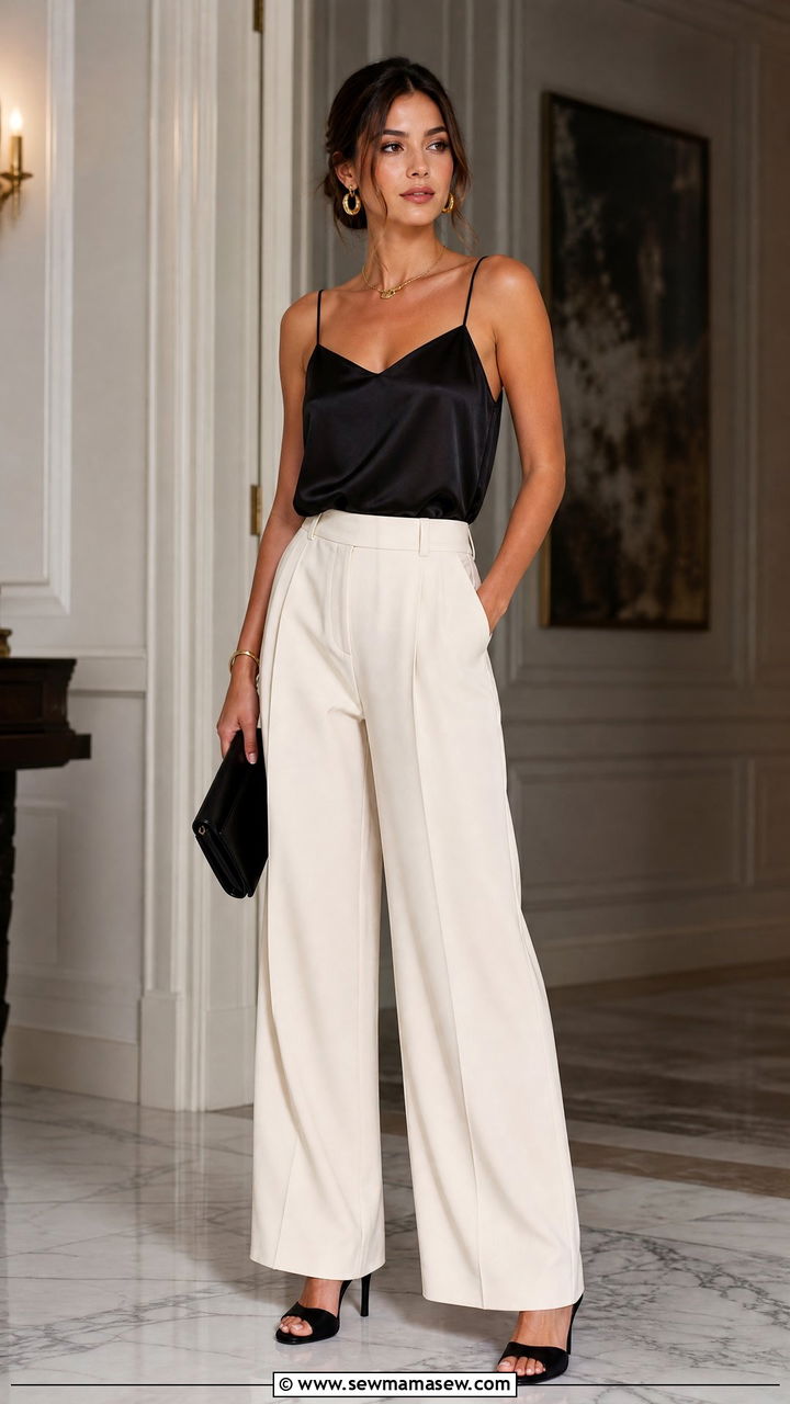 Black Silk Cami With Cream Wide Leg Pants - 30 Cream and black outfit ideas
