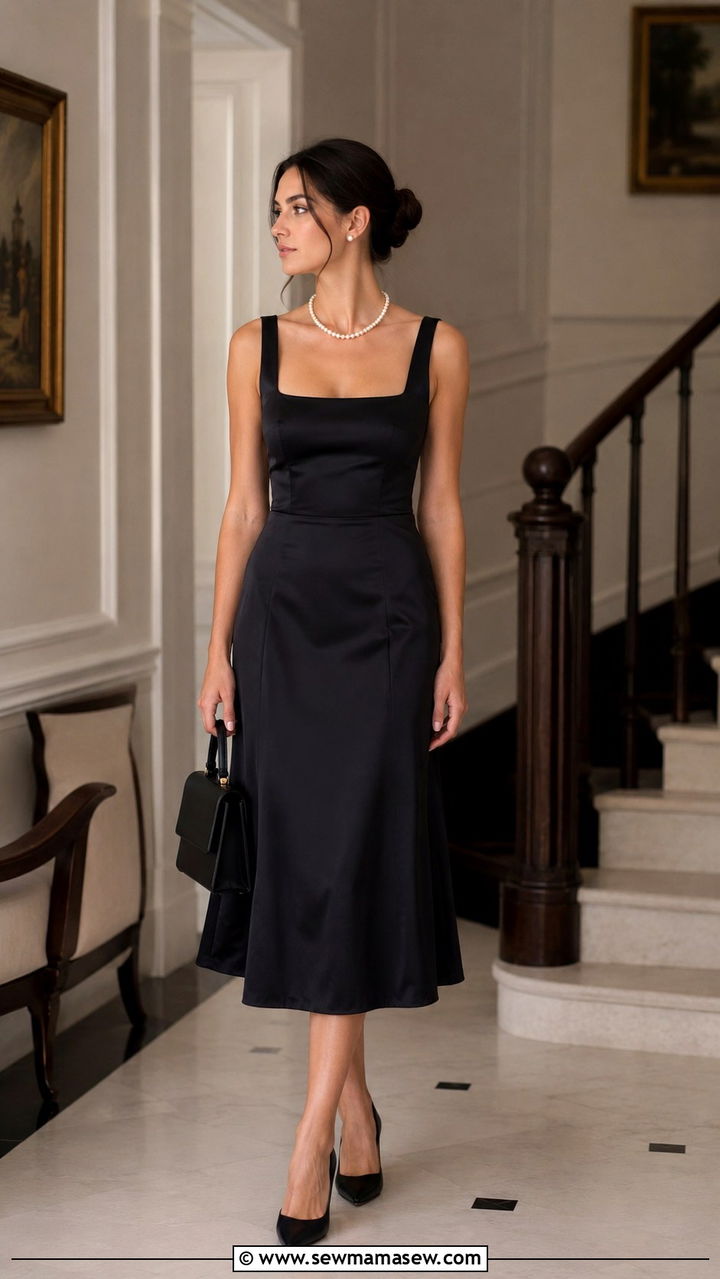 Black Silk Midi Dress with Pearls and Pointed Pumps - 30 old money outfits inspo