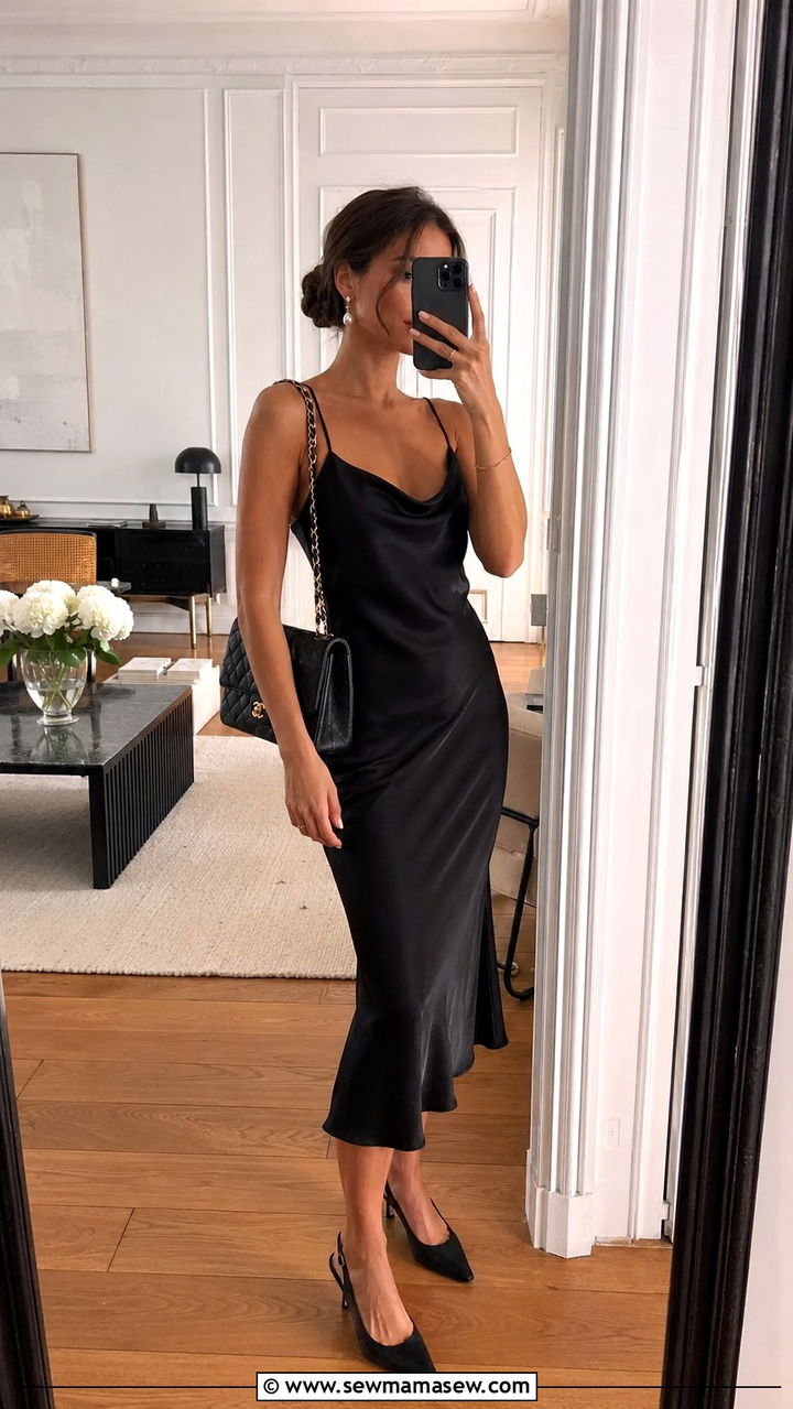 Black Silk Midi Dress with Slingbacks - 30 Parisian summer outfits