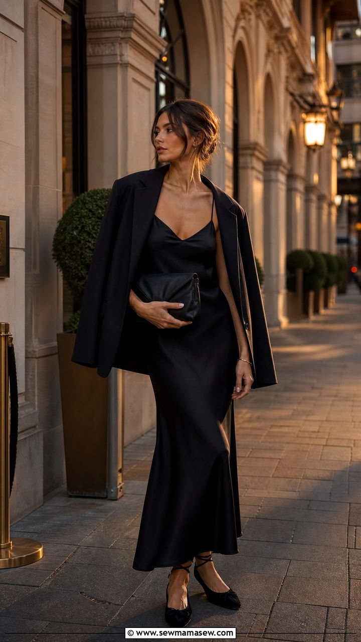 Black Silk Slip Dress With Minimal Ballet Flats - 25 Quiet luxury outfit ideas The Row style