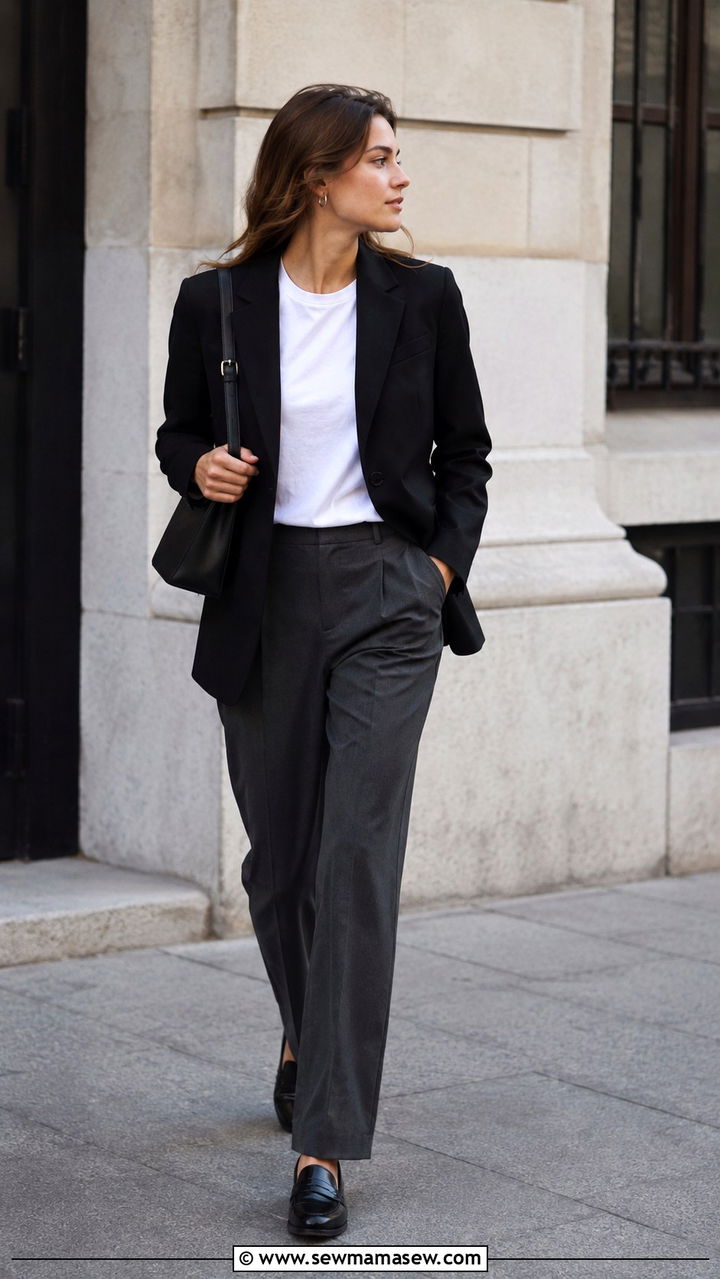 Black Single Breasted Blazer with White Tee and Charcoal Trousers - 30 old money outfits inspo