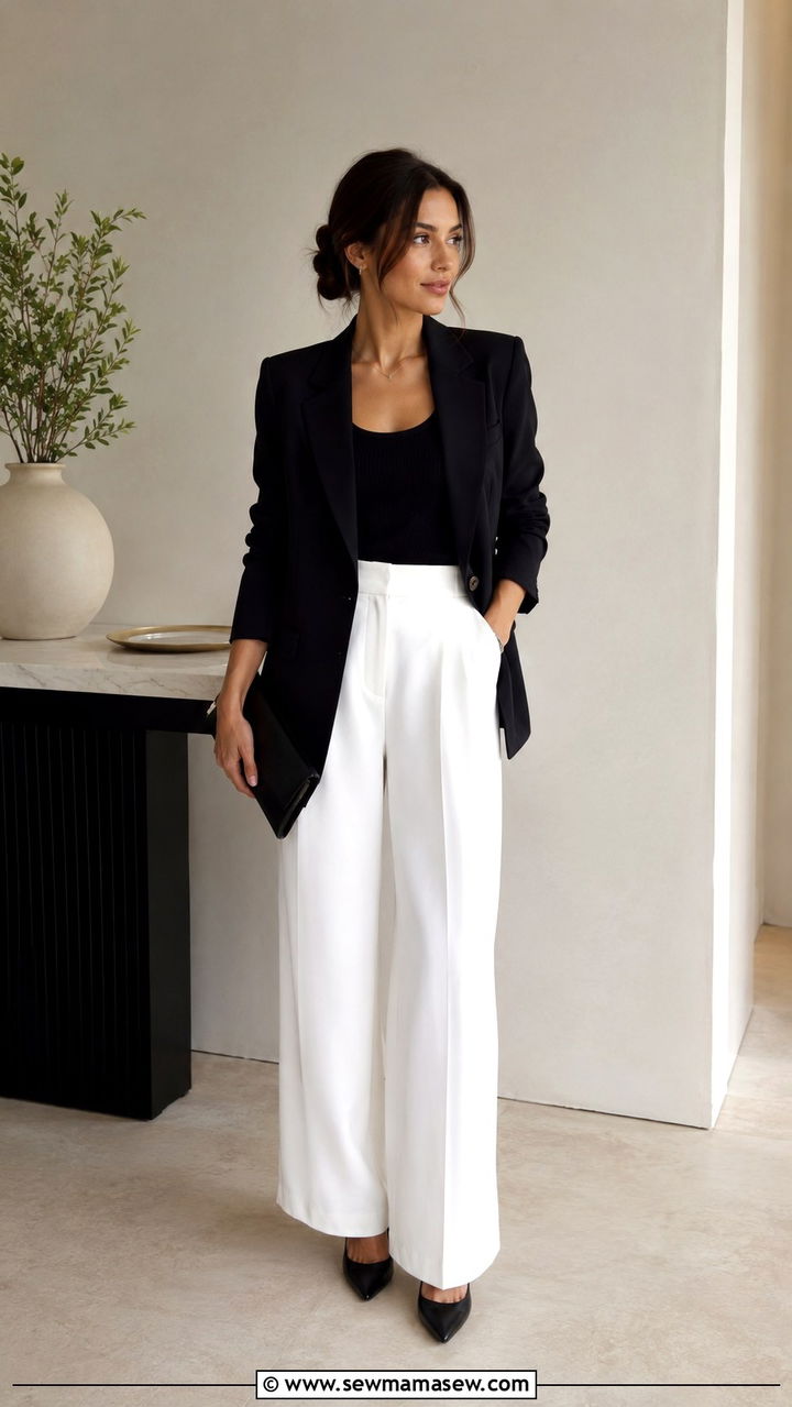Black Single Breasted Blazer with White Wide Leg Dress Pants for Petites - 30 Old money outfit ideas petite