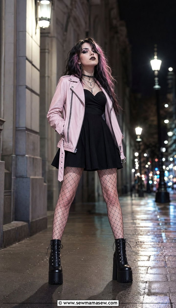 Black Skater Dress With Pastel Pink Leather Jacket - 35 aesthetic outfits for women