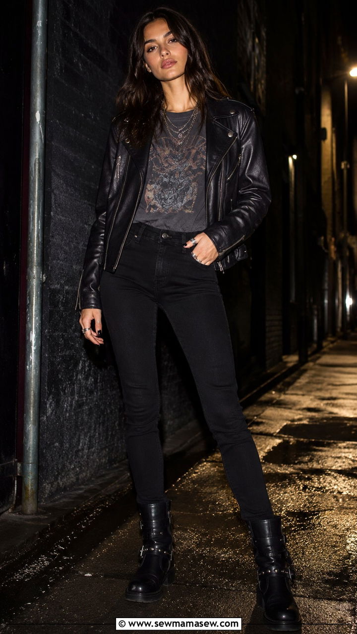 Black Skinny Jeans With Biker Boots and a Leather Jacket - 30 jeans outfits 2026
