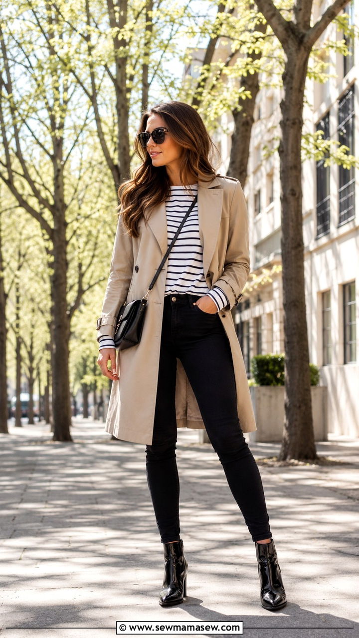 Black Skinny Jeans With Classic Trench Coat - 30 Spring outfits with skinny jeans