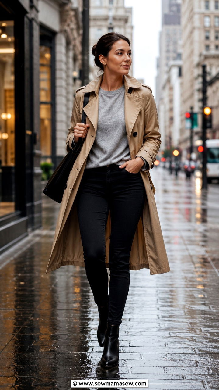 Black Skinny Jeans With Heeled Chelsea Boots and Trench Coat - 25 Black jeans outfit ideas with heels