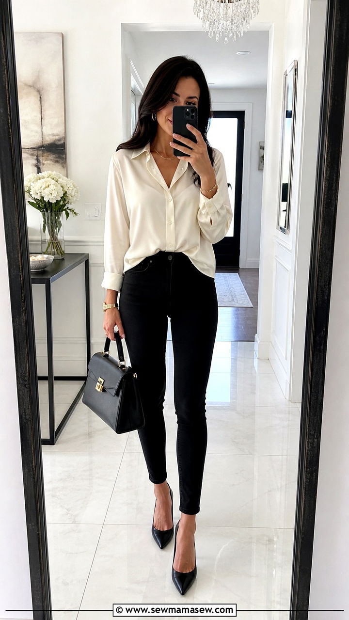 Black Skinny Jeans With Silk Blouse Outfit - 40 jeans outfits for women