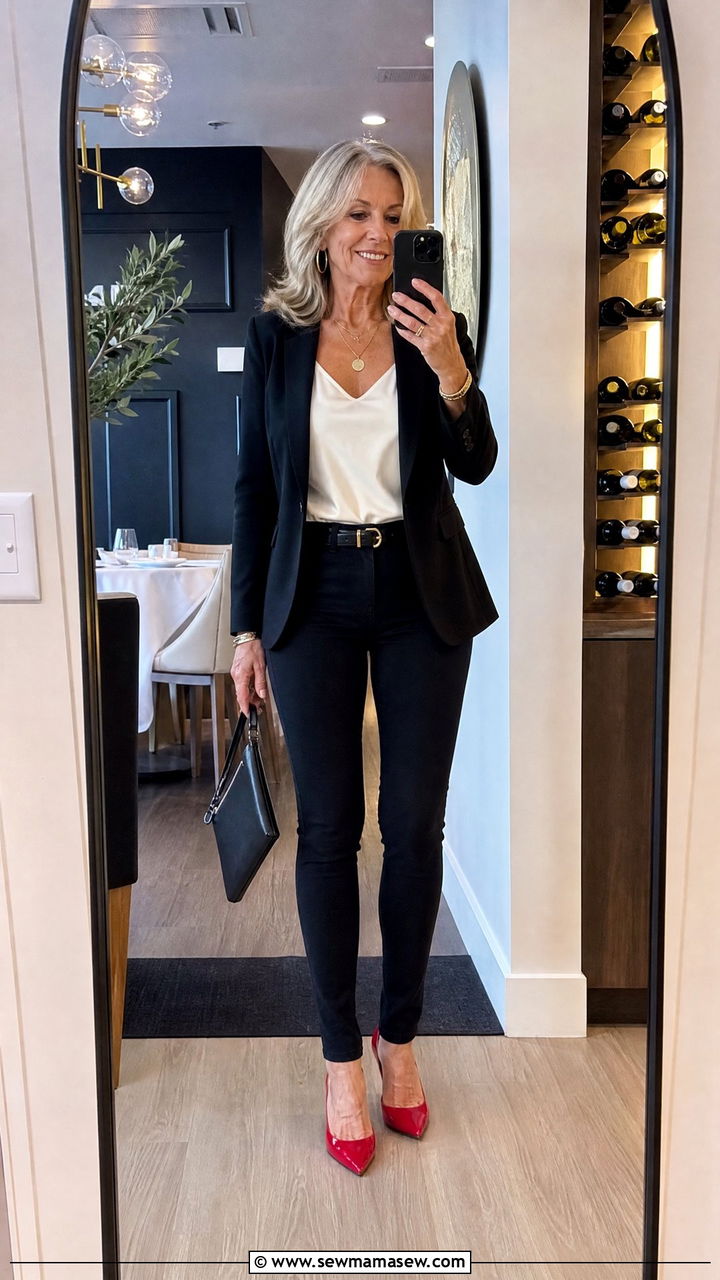 Black Skinny Jeans and Red Heels Outfit - 35 Jeans and heels outfit ideas over 50