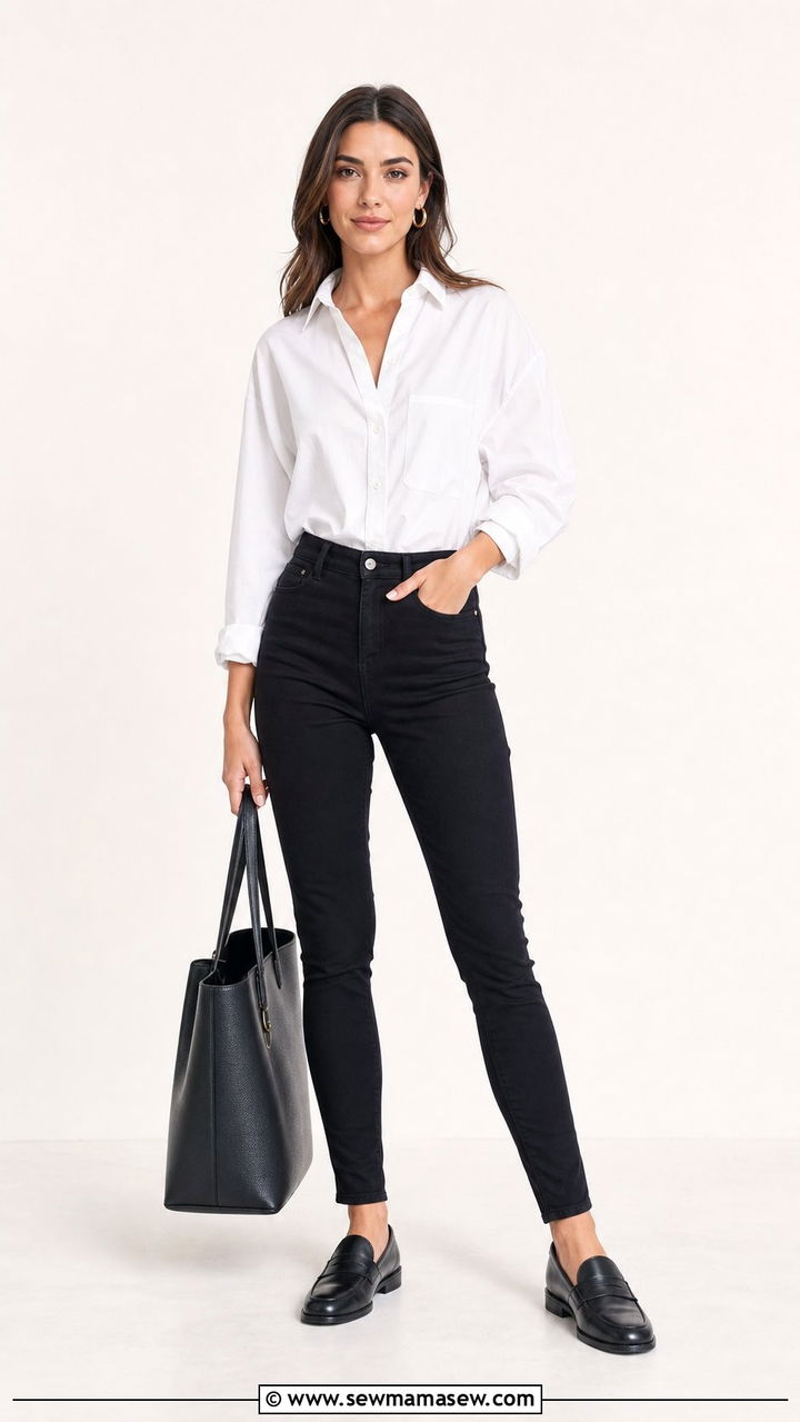 Black Skinny Jeans with White Button Down and Loafers - 25 Skinny jeans outfit ideas with loafers
