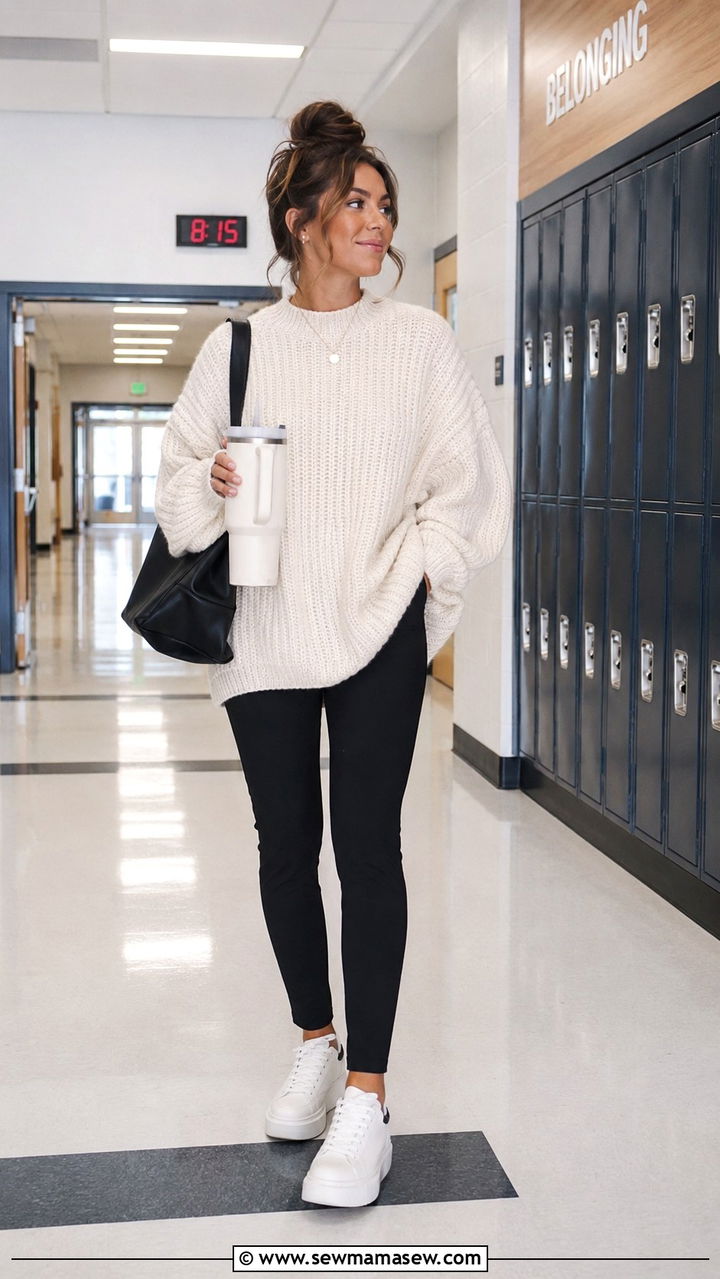 Black Skinny Ponte Pants Oversized Sweater Platform Sneakers - 30 School counselor outfit ideas