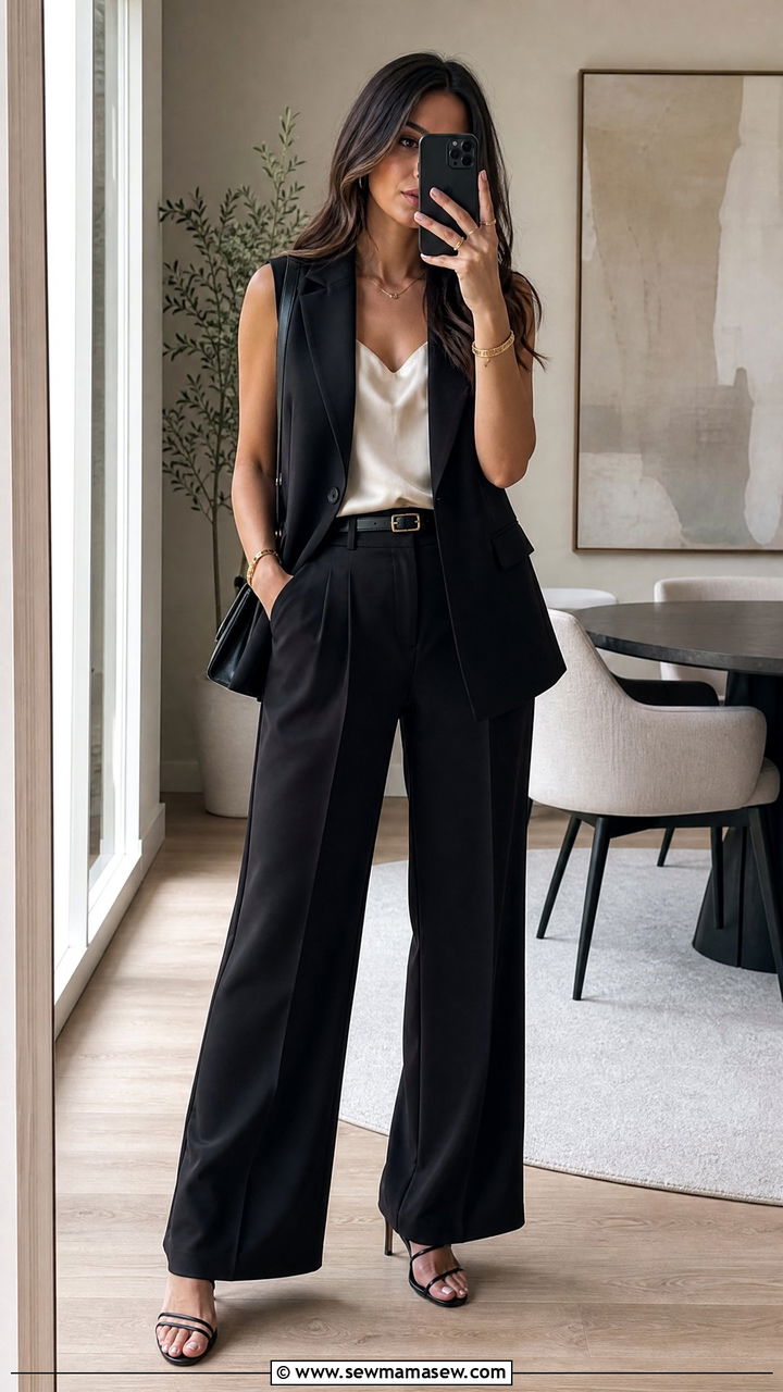 Black Sleeveless Blazer and Wide Leg Pants Set - 30 Matching set outfit ideas for work