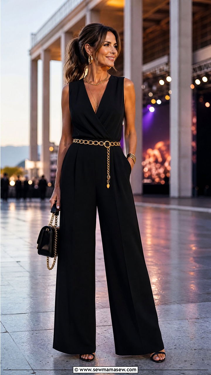 Black Sleeveless Jumpsuit with Gold Accessories - 30 Concert outfit ideas for women over 40