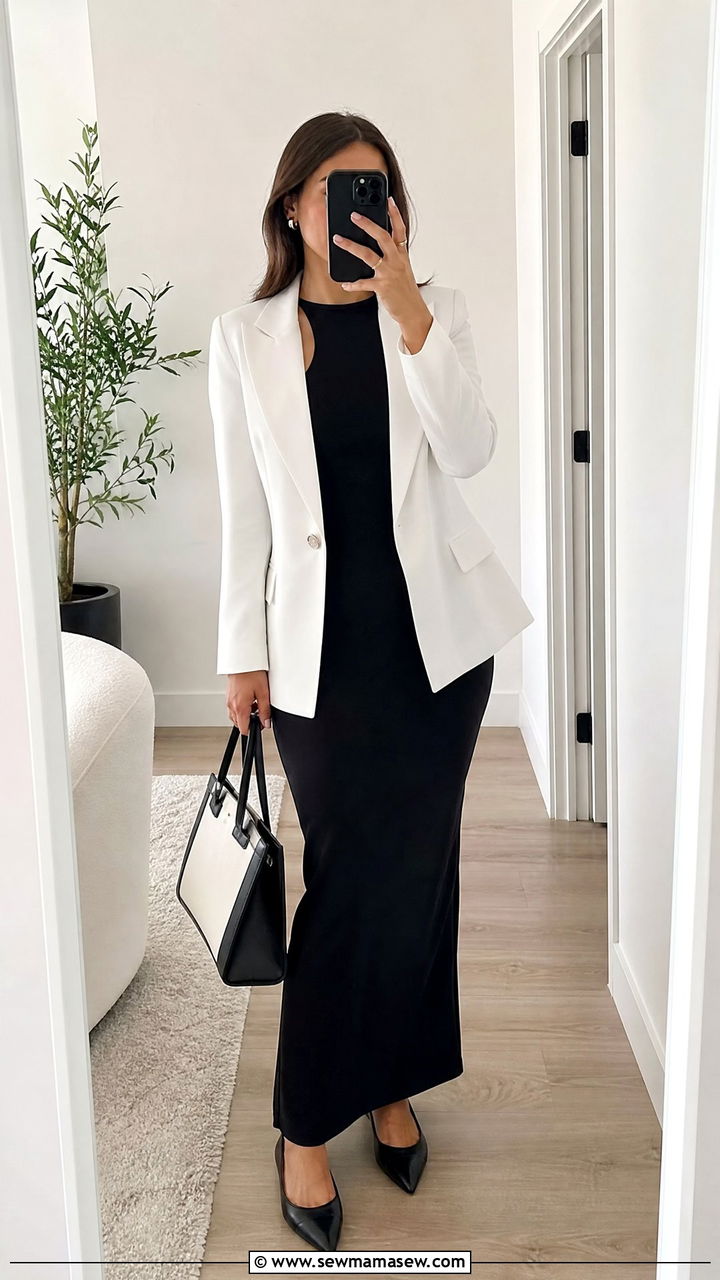 Black Sleeveless Maxi Dress With White Blazer - 30 Maxi dress for work outfit ideas