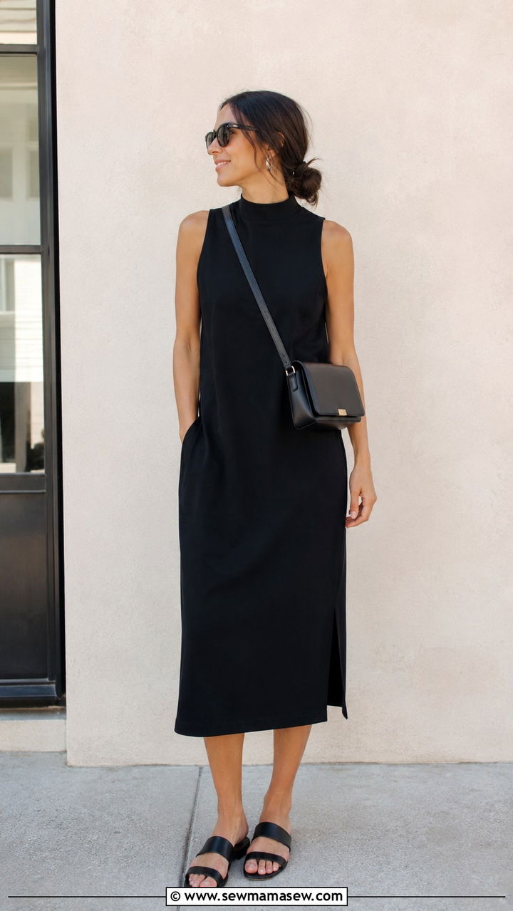 Black Sleeveless Midi Dress With Minimal Flat Sandals - 20 Midi dress summer 2026 outfit ideas