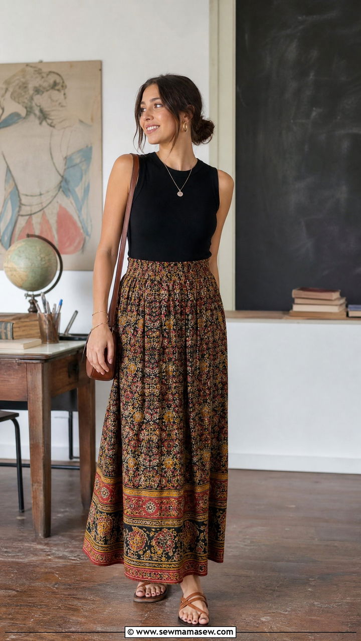 Black Sleeveless Top With Vintage Maxi Skirt Outfit - 30 summer outfits for teachers