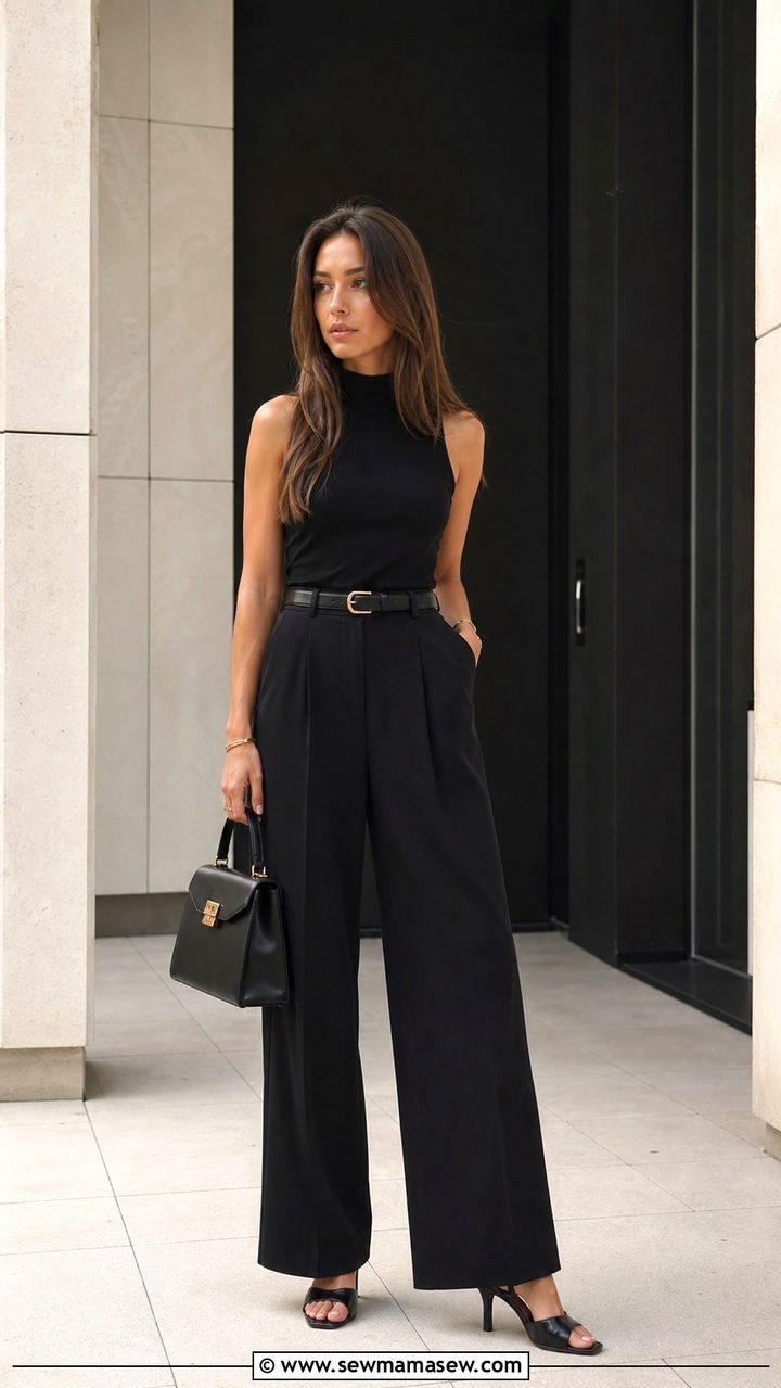 Black Sleeveless Top with Wide Leg Trousers - 40 Black outfit ideas