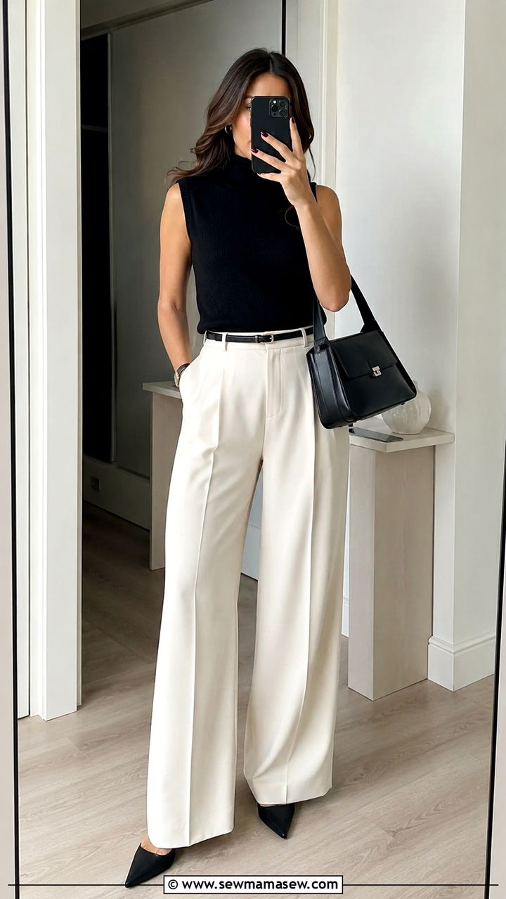 Black Sleeveless Turtleneck with Cream Wide Leg Trousers - 20 Quiet luxury outfit ideas Succession Shiv