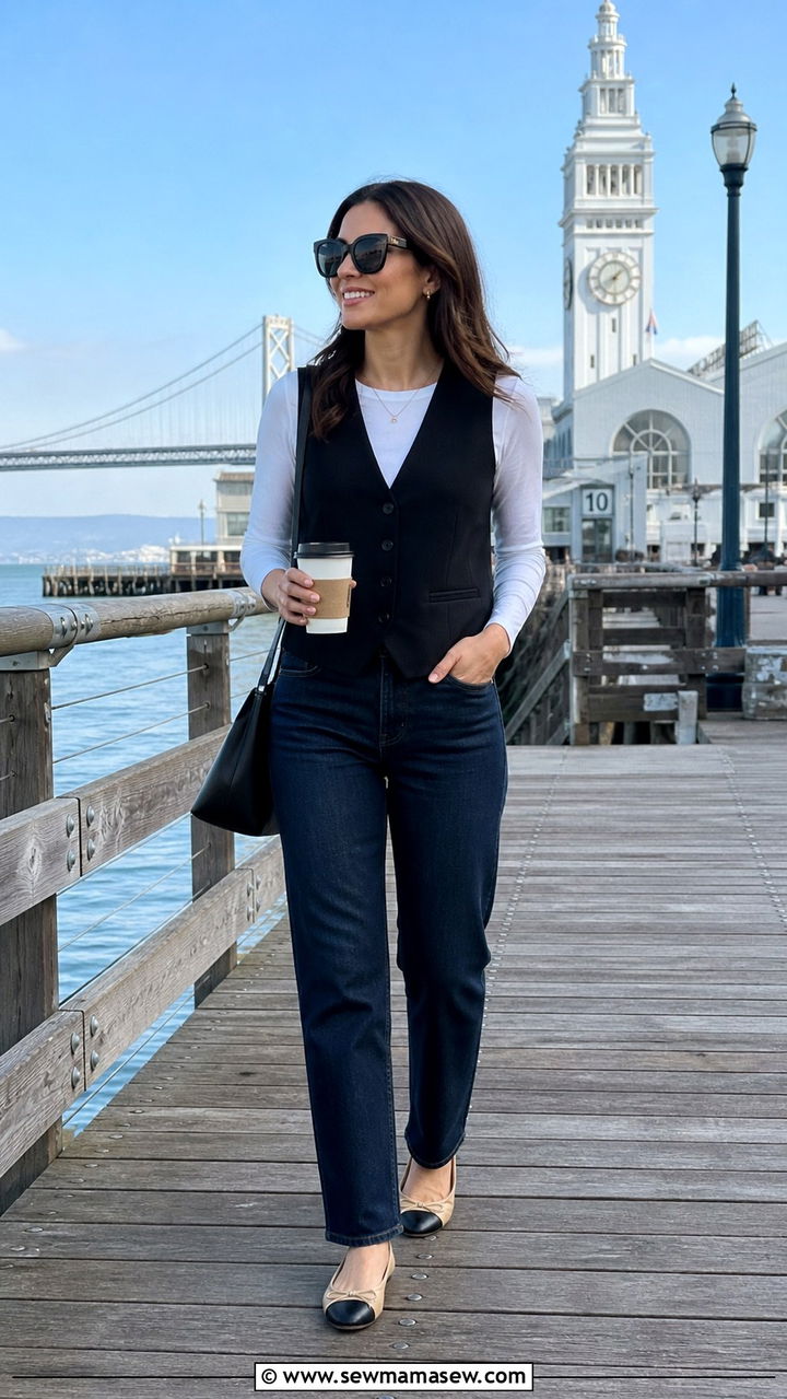 Black Sleeveless Vest with Straight Leg Jeans - 40 What to wear in San Francisco