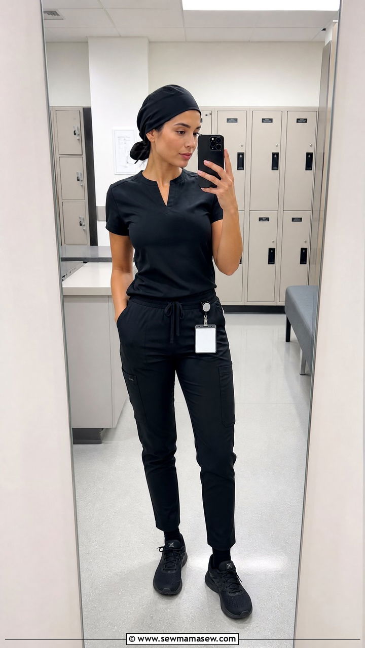 Black Slim Fit Scrub Set With All Black Sneakers - 25 Icu nurse outfit ideas