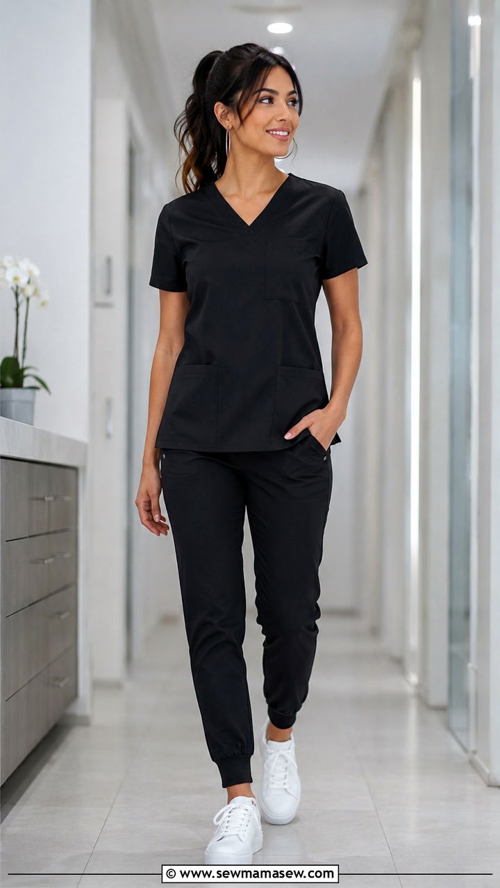 Black Slim Fit Scrubs With White Sneakers - 30 Dental office outfit ideas