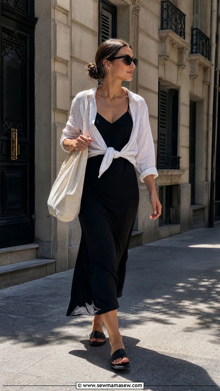 Black Slip Dress And Minimal Sandals Outfit - 30 Summer capsule wardrobe minimalist