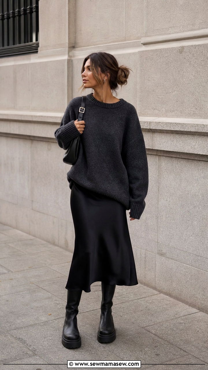 Black Slip Dress Chunky Sweater Platform Boots - 40 Grunge outfit ideas
