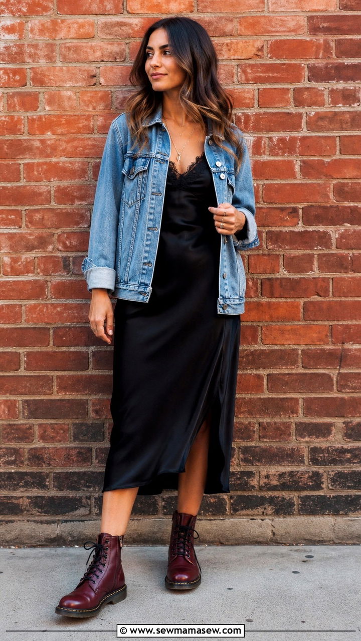 Black Slip Dress Denim Jacket Doc Martens - 40 Grunge outfit ideas