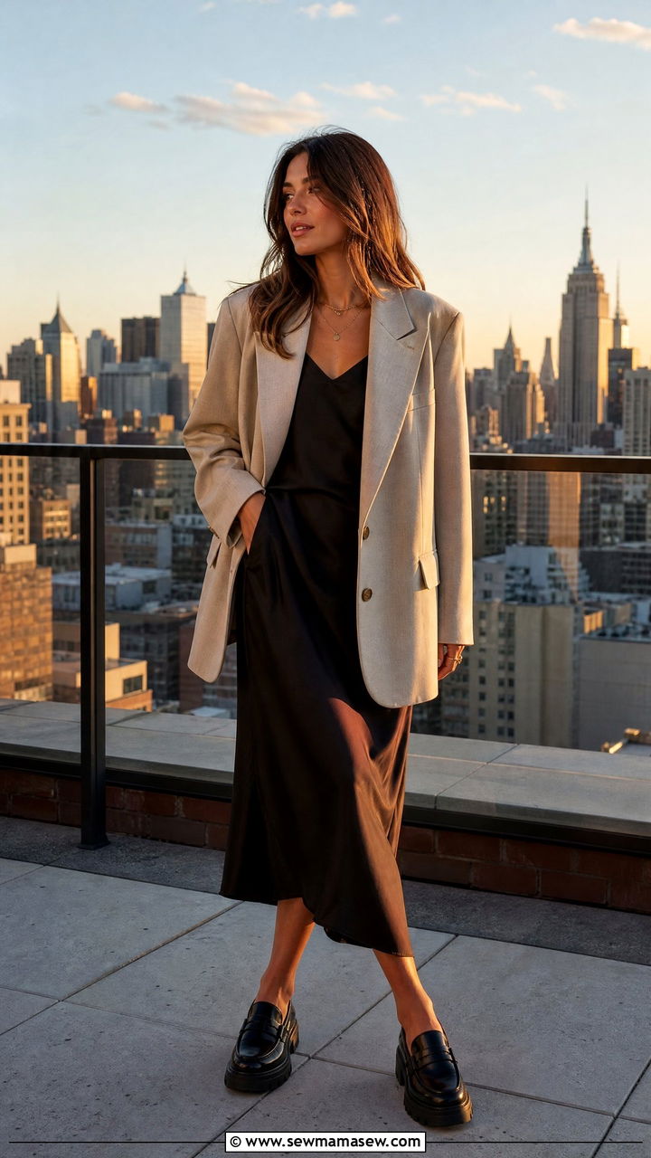 Black Slip Dress With Chunky Black Loafers and an Oversized Blazer - 30 Summer outfits with loafers