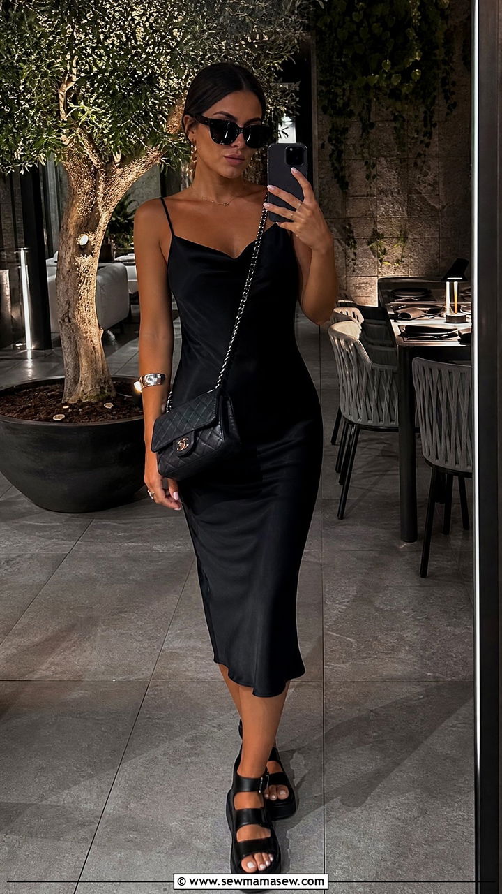 Black Slip Dress With Chunky Sandals And Crossbody Bag - 30 Summer outfits with crossbody bags