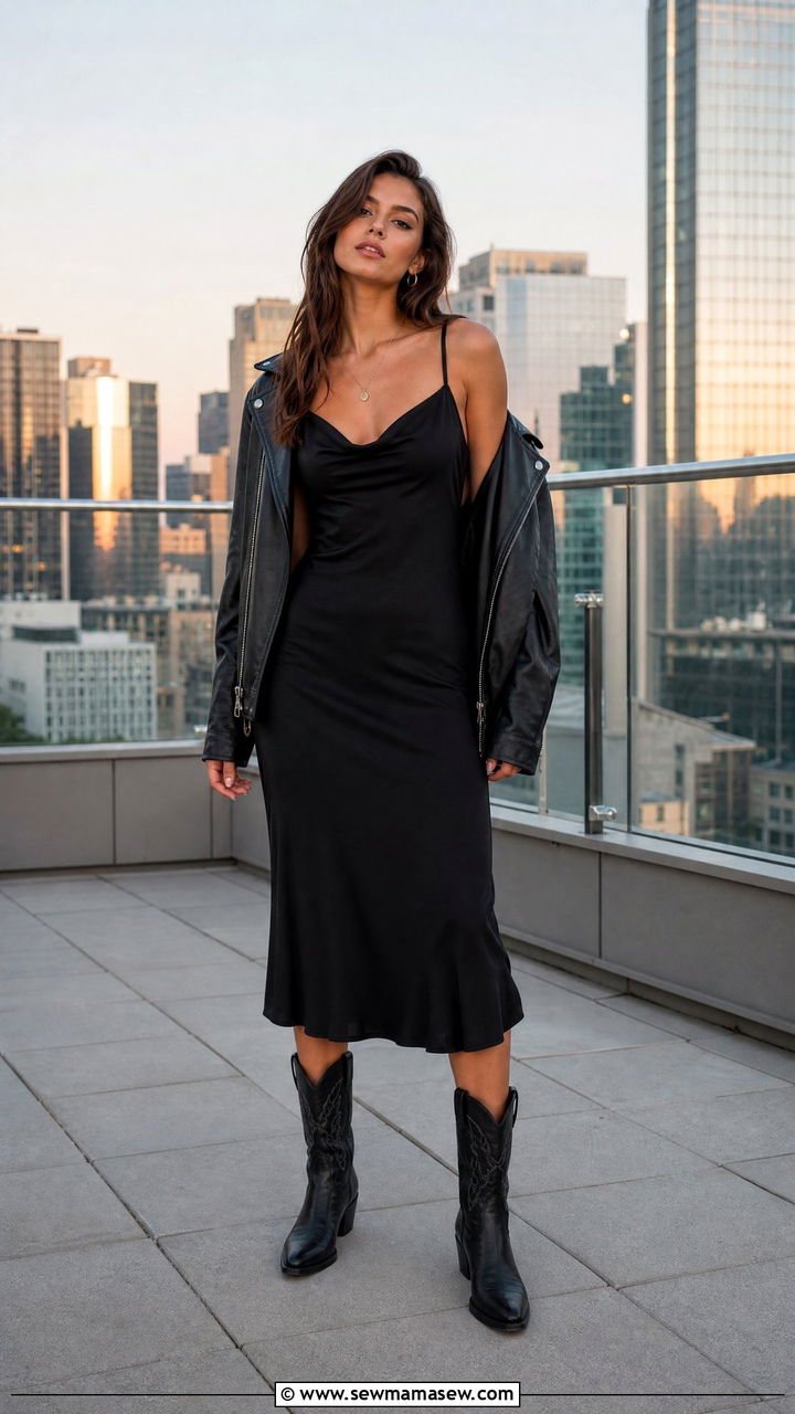 Black Slip Dress With Cowboy Boots - 30 Summer outfits with cowboy boots