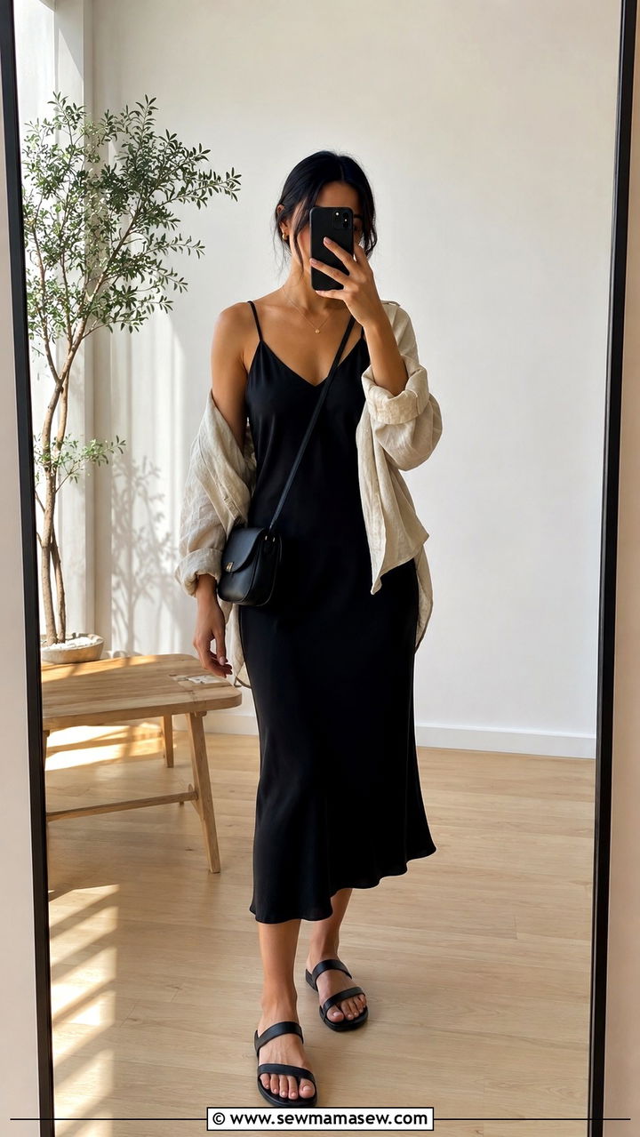 Black Slip Dress With Flat Leather Sandals - 30 casual minimalist outfits