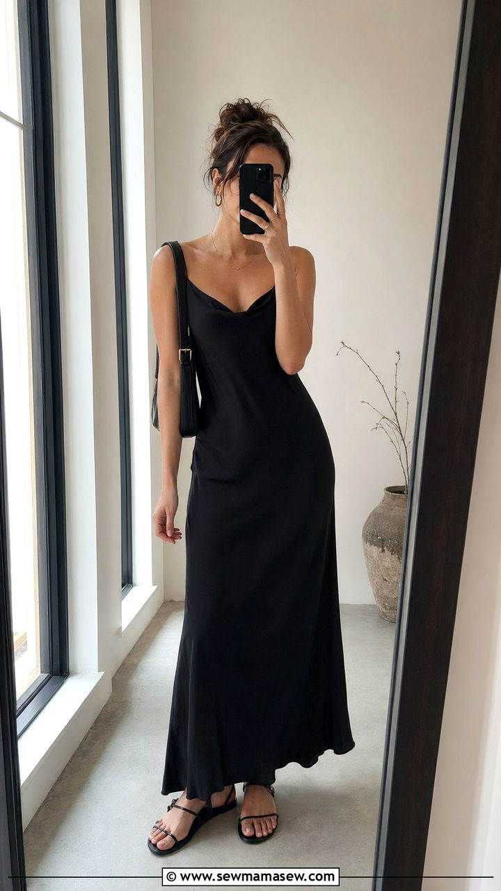 Black Slip Dress With Minimal Sandals and Gold Hoops - 35 90s capsule wardrobe outfits