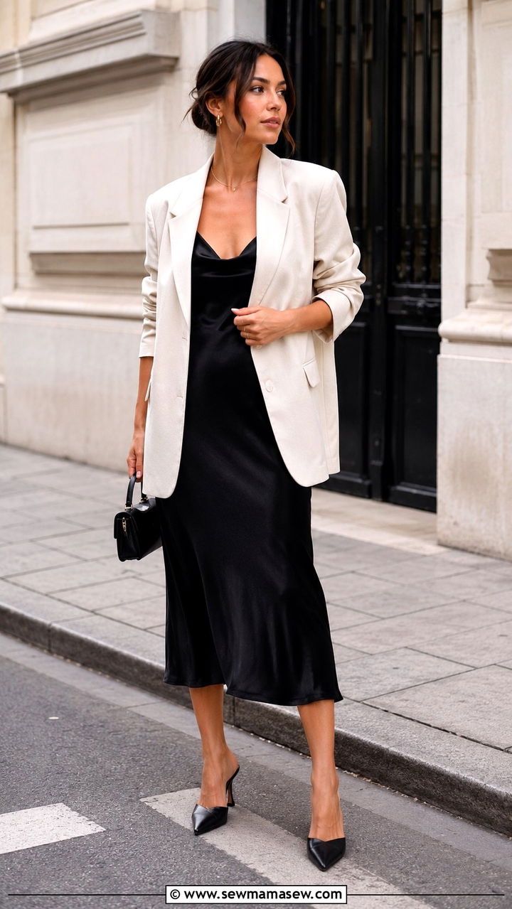Black Slip Dress With Oversized Blazer And Heels - 20 slip dress outfits 2026
