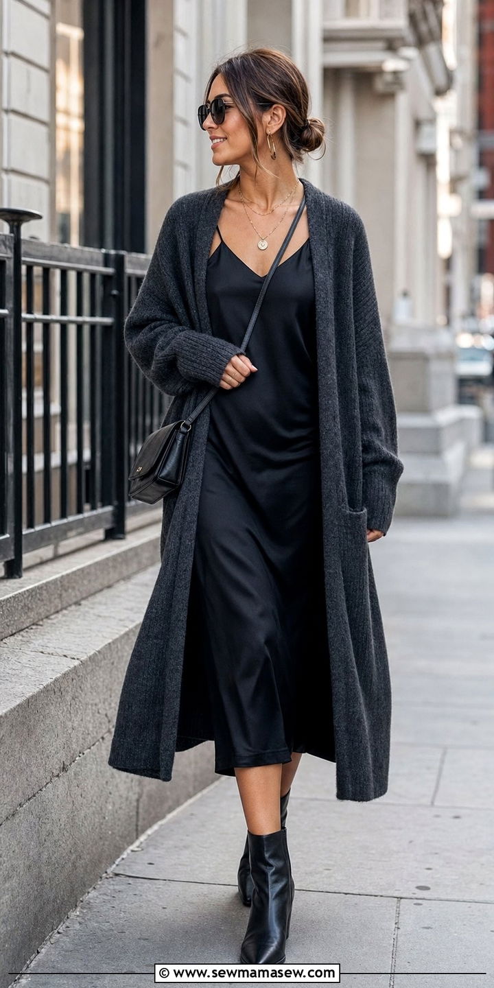 Black Slip Dress With Oversized Longline Cardigan And Ankle Boots - 25 Slip dress outfit ideas with a cardigan