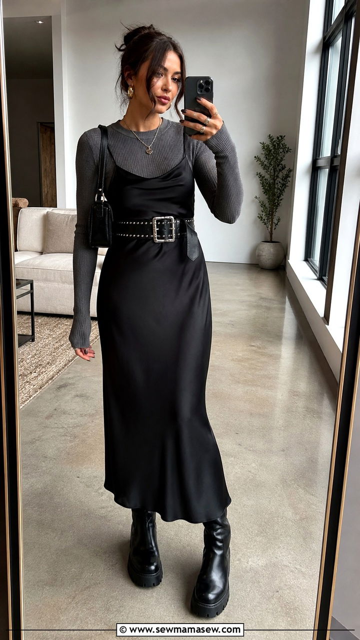 Black Slip Dress With Studded Belt And Platform Boots - 40 grunge outfits ideas