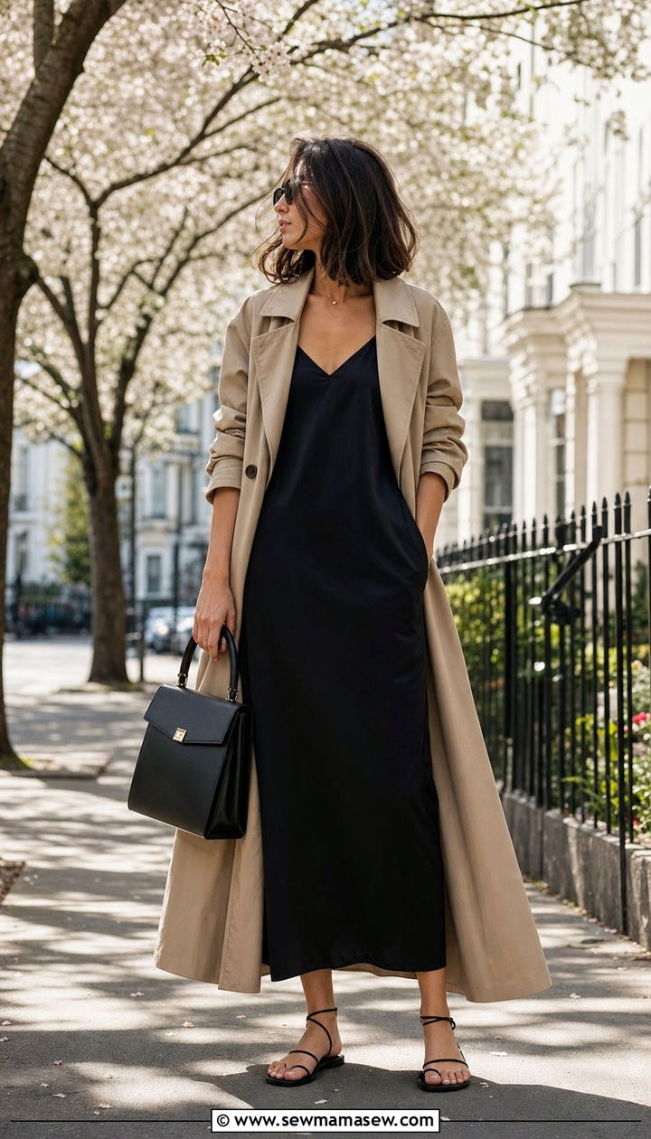 Black Slip Dress With Trench Coat Outfit - 25 spring little black dress outfit ideas