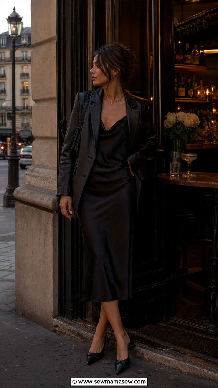 Black Slip Dress With a Leather Blazer and Kitten Heels - 40 Paris outfit ideas