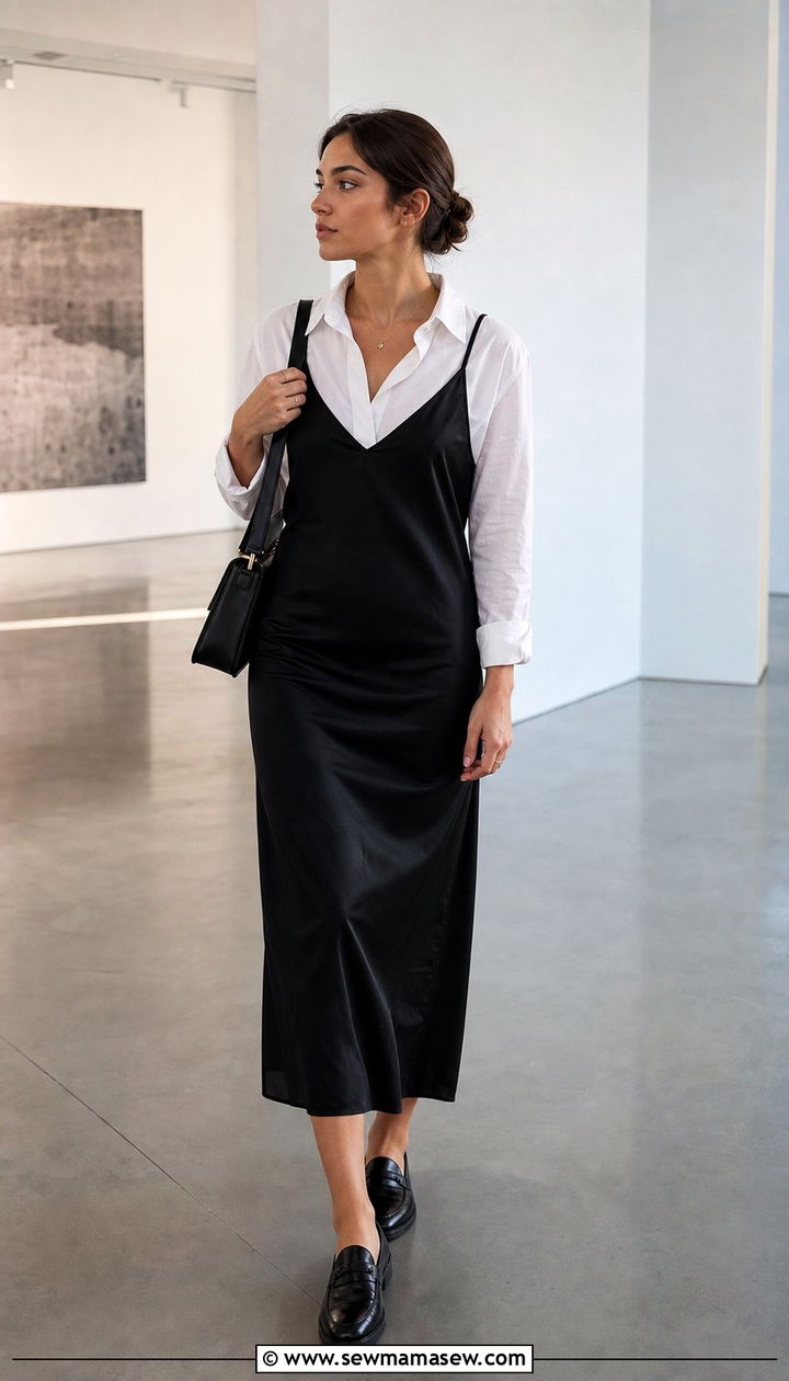 Black Slip Dress Worn Over White Button Up Shirt - 25 spring little black dress outfit ideas