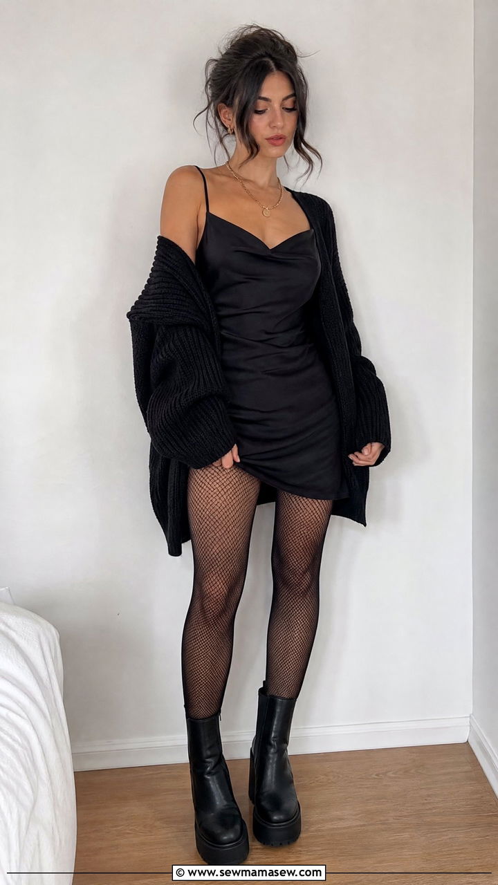 Black Slip Dress with Chunky Cardigan and Platform Boots - 35 grunge outfit ideas for women
