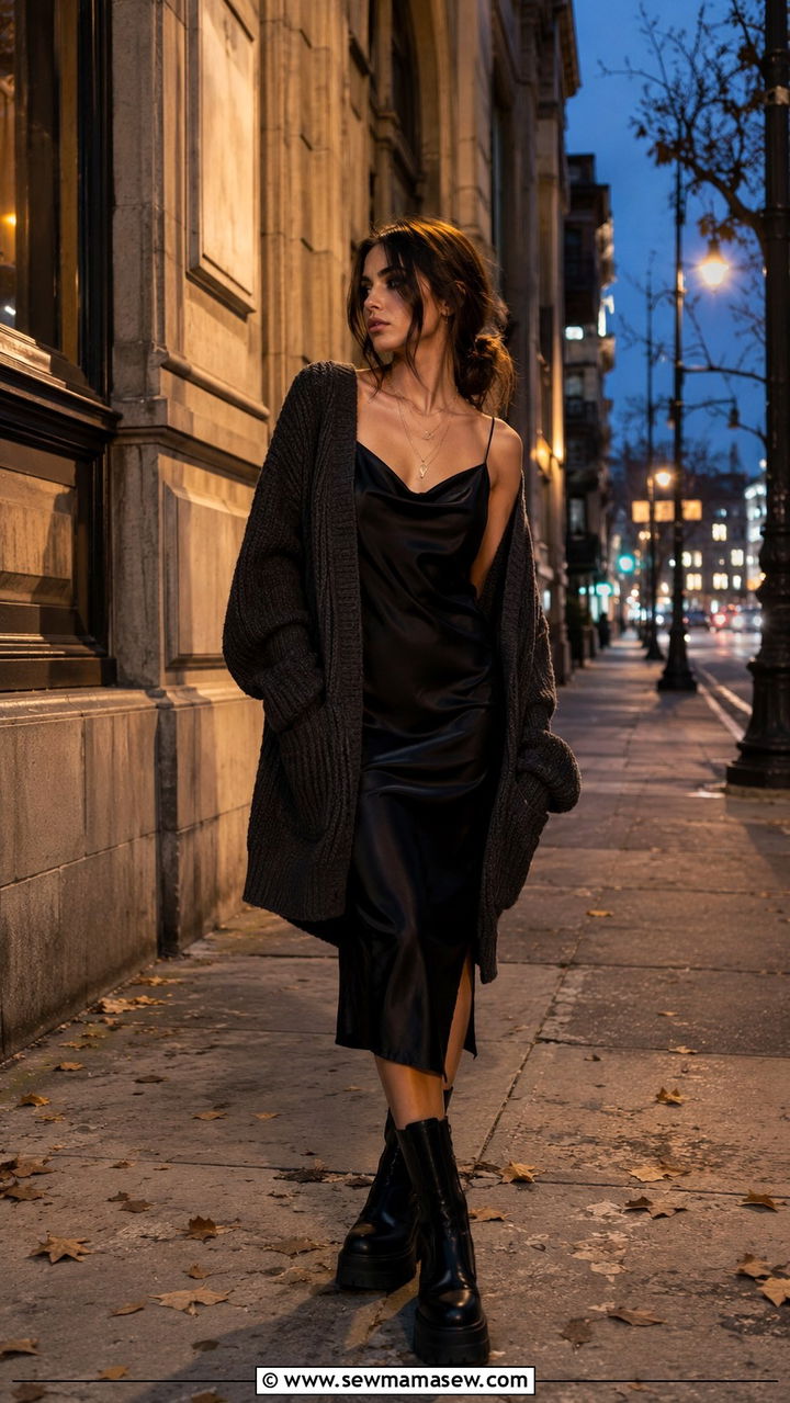 Black Slip Dress with Chunky Sweater and Platform Boots - 30 casual grunge outfits