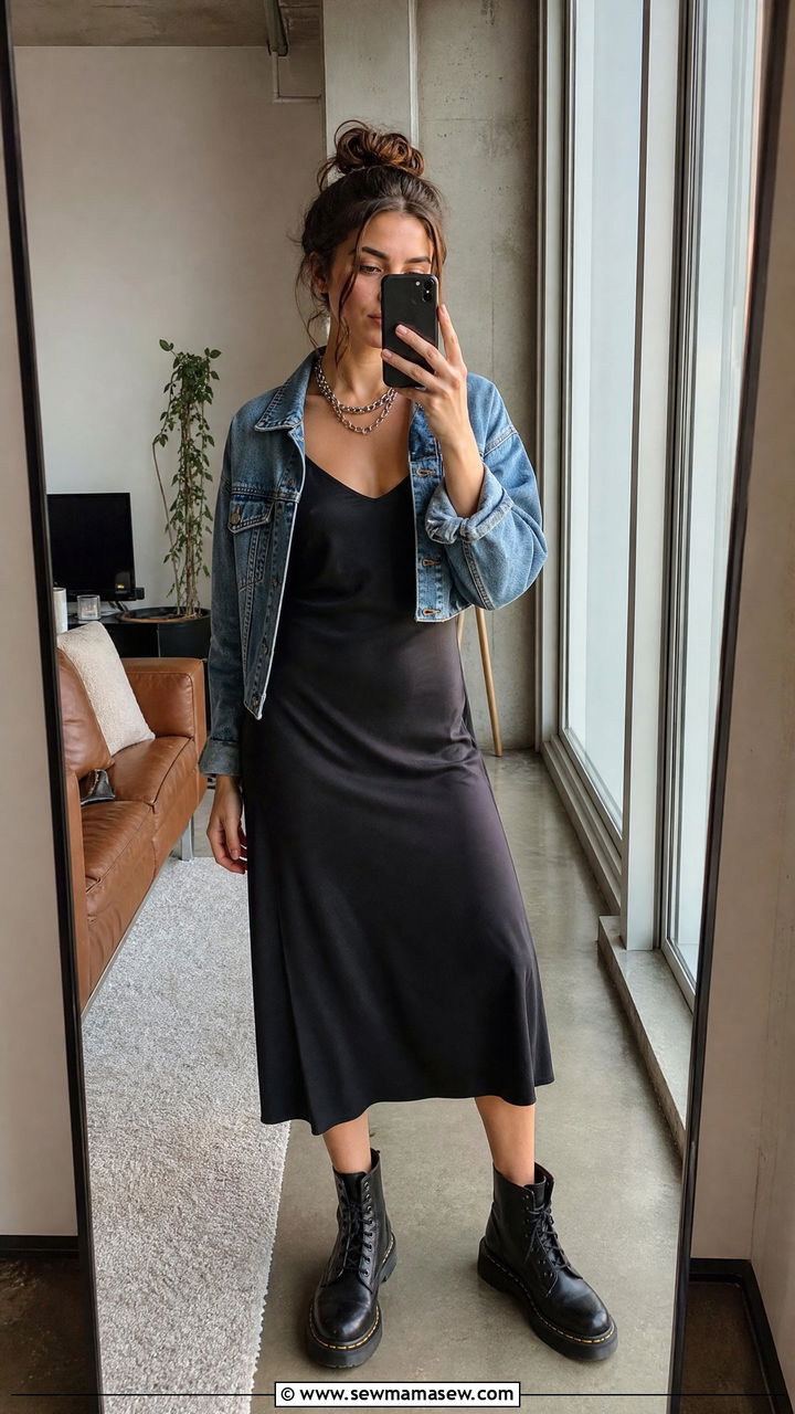 Black Slip Dress with Combat Boots - 30 summer grunge outfits