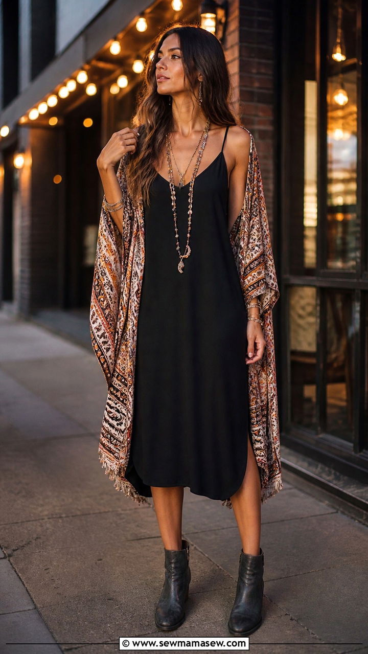 Black Slip Dress with Layered Jewelry - 40 Boho outfit ideas