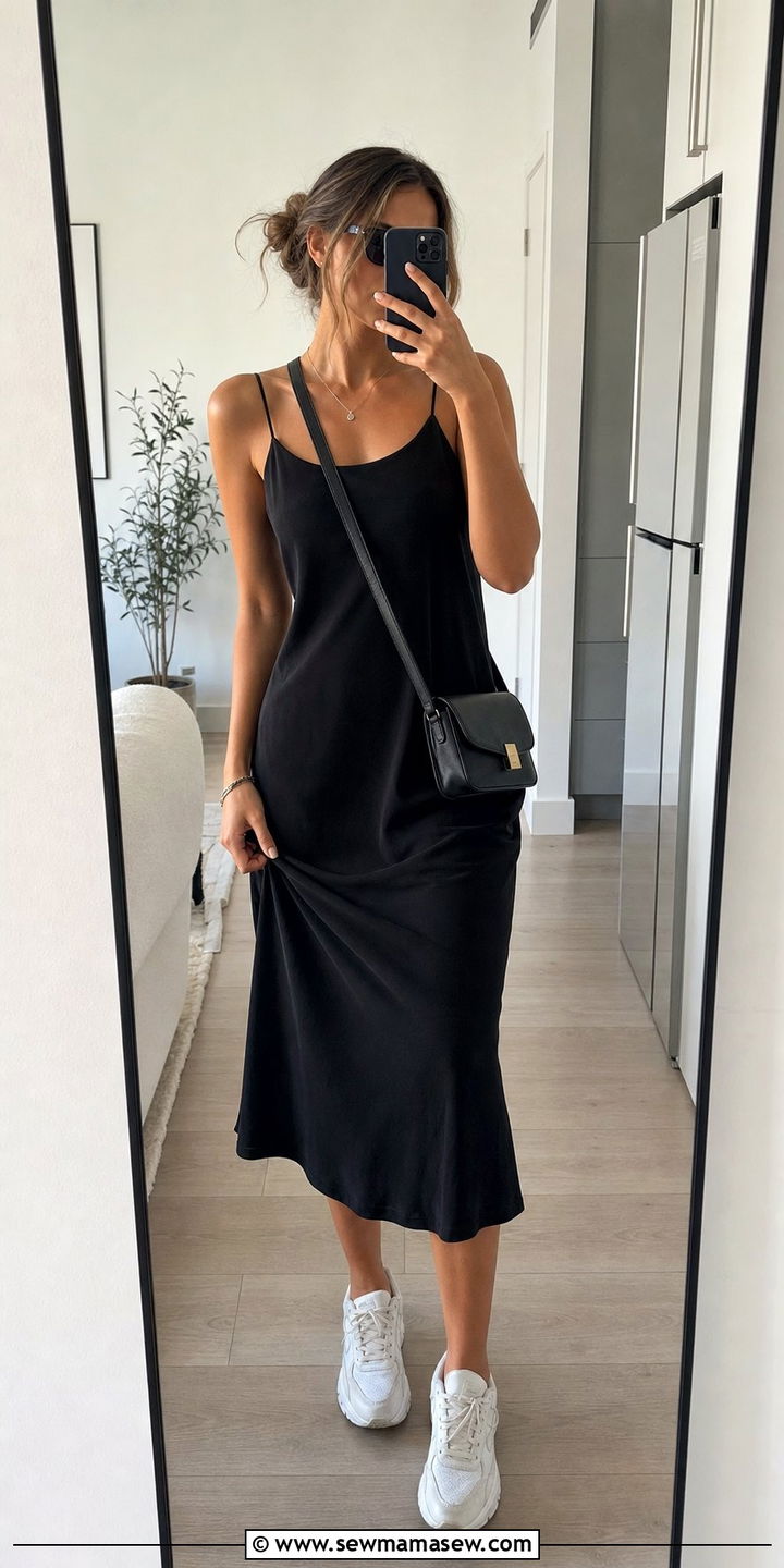 Black Slip Dress with White Chunky Sneakers Outfit - 25 Summer minimalist outfits 2026
