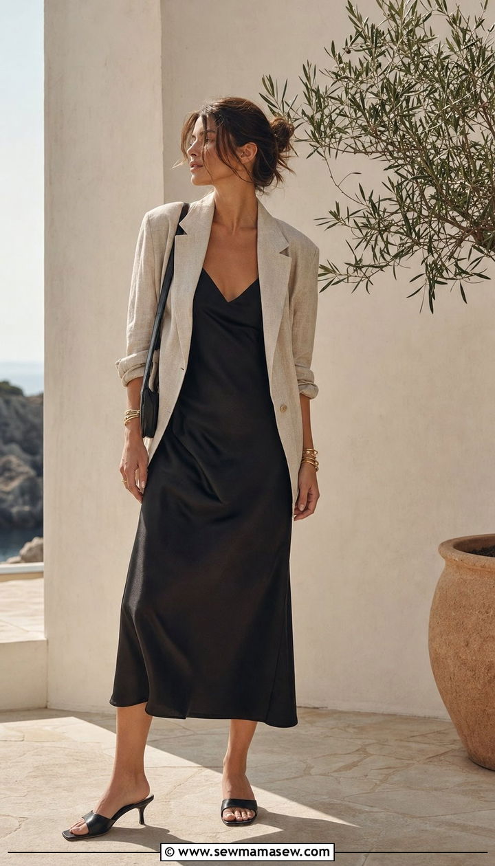 Black Slip Dress with a Lightweight Blazer and Kitten Heel Mules - 25 Summer capsule wardrobe Parisian