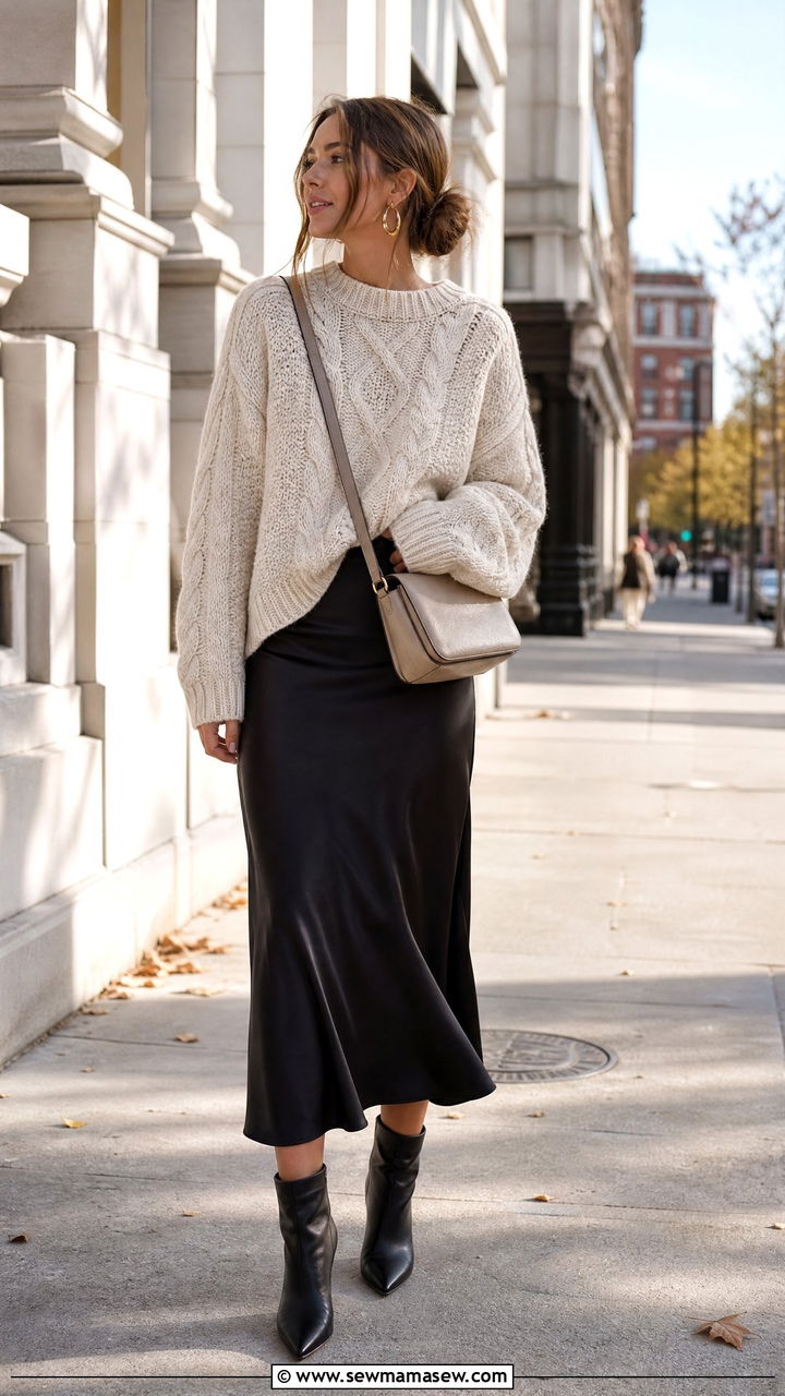 Black Slip Skirt With Oversized Sweater - 25 chic slip skirt outfit ideas