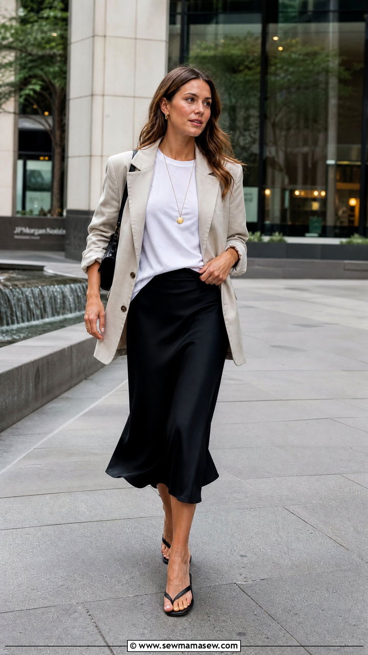 Black Slip Skirt with White Tee and Lightweight Blazer - 35 French girl summer outfit ideas