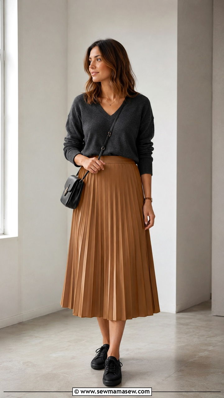 Black Sneakers with Midi Skirt and Sweater - 30 classy sneaker outfits