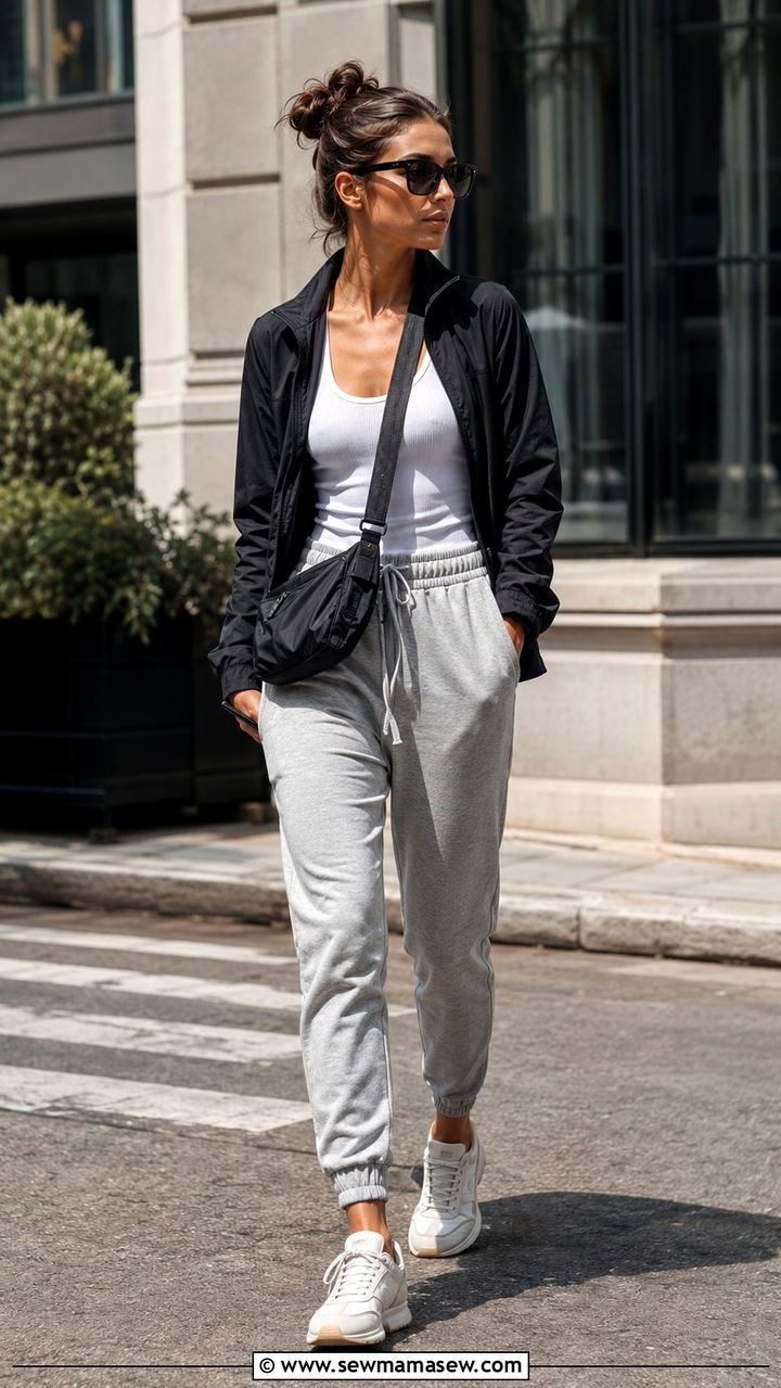 Black Sports Jacket and Grey Joggers - 30 model off duty outfits for women